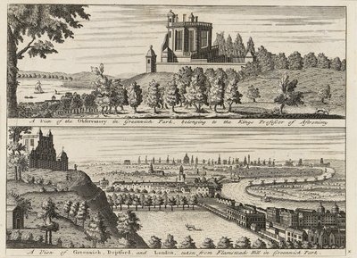 "Pohled na hvězdárnu v Greenwichském parku...[a] Pohled na Deptford a Londýn z kopce Flamsteed v Greenwichském parku", asi 1750 (rytina) od British School