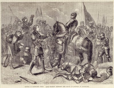 Bitva o pole Bosworth. Lord Stanley přináší do Richmondu korunu Richarda III. (1485): konec války dvou růží - v „“ Cassellově ilustrované historii Anglie“, sv. II, William Howitt od British School