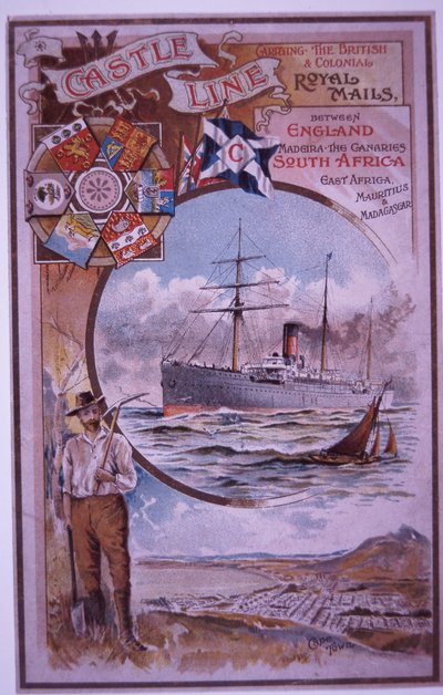 Brožura Castle Line se seznamem cestujících hradu Tantallon plujících z Kapského Města do Londýna v roce 1898 (barevně lito) od British School