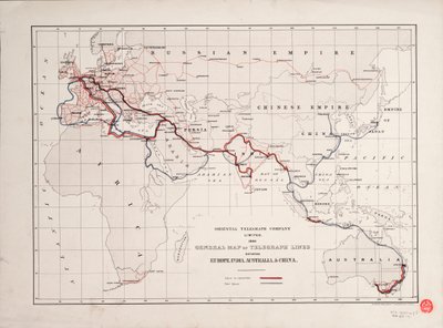 Obecná mapa telegrafních linek mezi Evropou, Indií, Austrálií a Čínou od British School