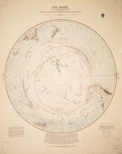 Ledová mapa jižní polokoule sestavená na základě cest Cooka 1772-5, Bellingshausena 1819-21... a Shackletona 1908-9 od British School