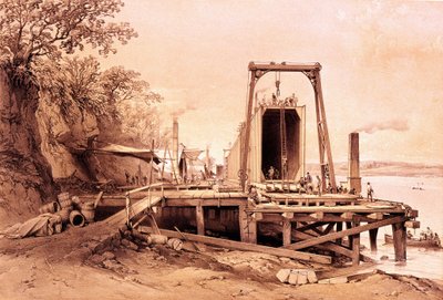 Průmyslová revoluce: instalace prefabrikovaného mostu. Rytina z "Britannia and Conway Tubular Bridges"" od British School