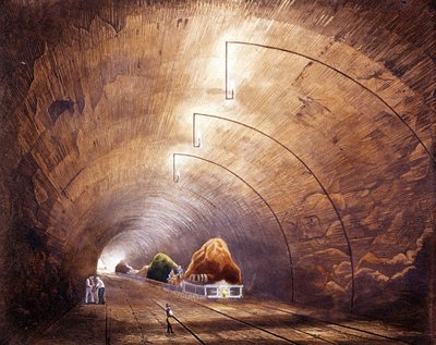 Průmyslová revoluce: železniční tunel na trati Manchester - Liverpool. Deska převzata z "" Liverpool and Manchester Railway ", Londýn 1832. od British School