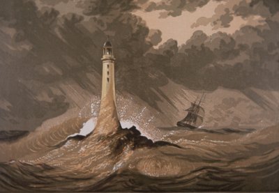 Maják varuje lodě před kameny v bouři na moři (barva litho) od British School