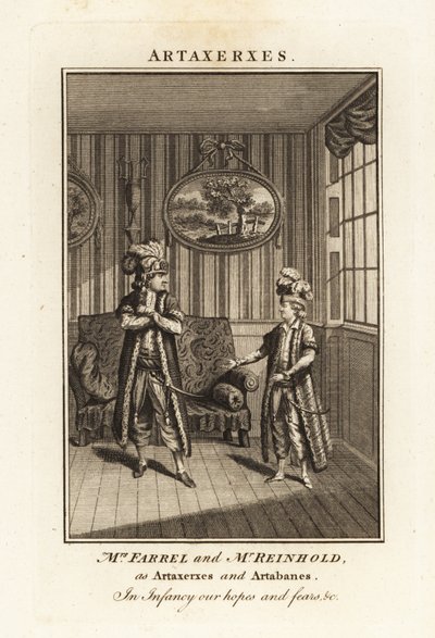 Paní Margaret Farrel a pan Charles Frederick Reinhold v perském kostýmu jako Artaxerxes a Artabanes v opeře Thomase Arna Artaxerxes od British School