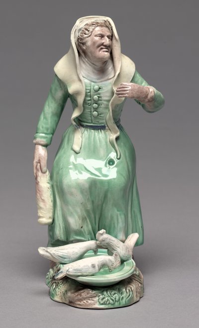Stará žena krmící kuřata, Staffordshire Factory, cca 1770 (kamenina) od British School