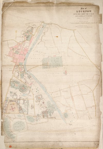 Plán města Lucknow, sestavený na základě průzkumu provedeného v roce 1856 poručíkem Moorsomem, 52. pluk. Pěchota. (Předložil kapitán Moorsom, C.E.), cca 1856 (hedvábí, papír) od British School