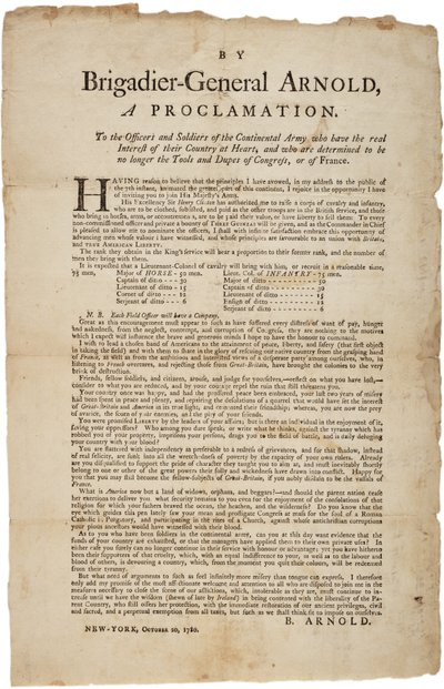 Provolání důstojníkům a vojákům kontinentální armády, 20. října 1780 od British School