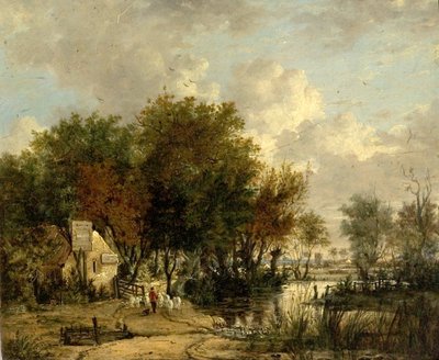 River Scene, Chlapec řídí ovce (olej na dřevě) od British School