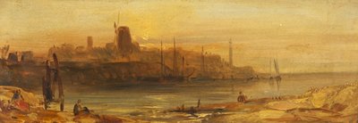 Západ slunce: Přístav a maják, cca 1825 (olej na papíře položený na plátně) od British School