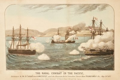 Námořní bitva v Tichomoří mezi HMS "Shah" a "Amethyst" a peruánským rebelem, Ironclad Turret Ram Huascar u Ilo, 29. května 1877 od British School