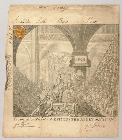 Vstupenka na korunovační ceremonii Jiřího III. ve Westminsterském opatství, rytina George Bickhama, 22. září 1761 (rytina) od British School