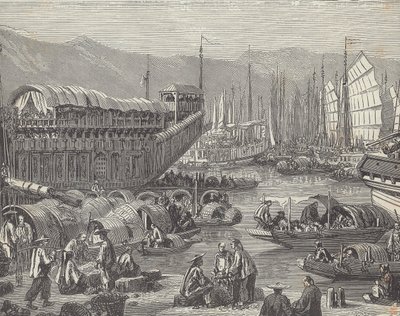 Plavidla v rušném přístavu, Šanghaj, Čína (rytina) od British School