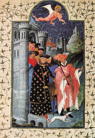 Vévoda Jean de Berry (1340-1416) a jeho správce majetku. Miniatura od Jeana Limbourga (1370-1416) pro "The Tres Riches Heures du Duc de Berry"" kolem roku 1440 v Paříži. B.N. od Brothers Limbourg