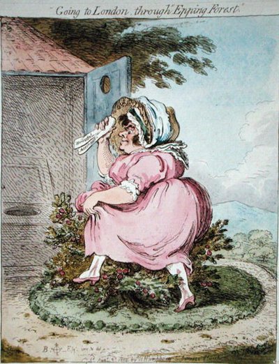 Cesta do Londýna přes Epping Forest, leptaná Jamesem Gillrayem (1757-1815), vydaná Hannah Humphrey v roce 1802 (ručně kolorovaný lept) od Brownlow (after) North