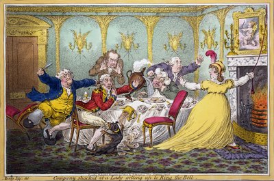 Společnost je šokována dámou, která vstává, aby zazvonila na zvon, hospoda. H. Humphrey, Londýn, 1804 (ručně kolorovaná rytina) od Brownlow North