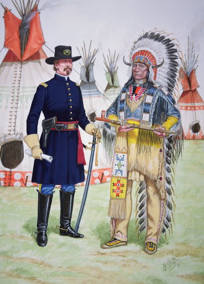 Náčelník Rudý oblak z kmene Oglala Sioux nabízí dýmku míru důstojníkovi 5. pluku americké kavalerie při podpisu smlouvy ve Fort Laramie v roce 1868, ze sady šesti obrazů. od Bryan Fosten