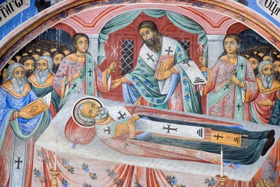 Bulharsko, Rilský klášter, pohřební freska v kostele Narození Panny Marie od Bulgarian School