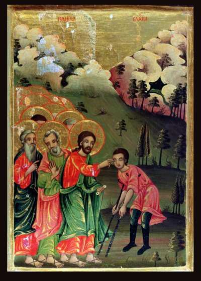 The Healing of the Blind Man, 1811 (tempera a plátkové zlato na panelu) od Bulgarian School