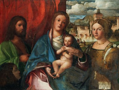 Panna a dítě se svatými Janem Křtitelem, Kateřinou Alexandrijskou a Donátorem, počátek 16. stol. od Buonconsiglio