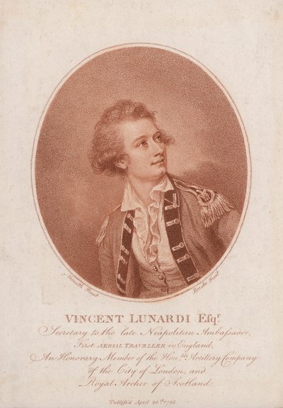 Vincenzo Lunardi, průkopnický italský balonista (rytina) od Burke Nesmith