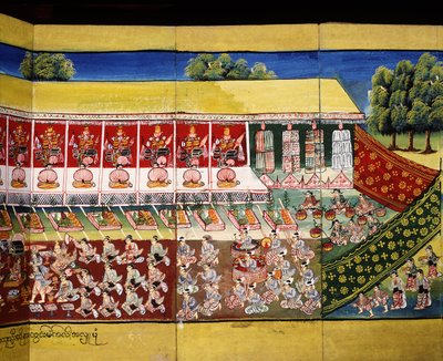 Scéna zhotovení zásluh, stránka z rukopisu od Burmese School