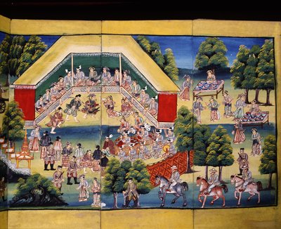 Scéna zhotovení zásluh, stránka z rukopisu od Burmese School