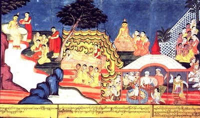 Nebo 14298 fol.16-17 The Buddha Bathes, c.1800-20 (kvaš na papíře) od Burmese School