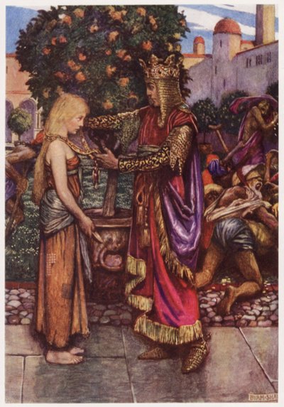 "Král ji znovu povolal zpět, / A dal jí svůj řetěz" (barva litho) od Byam (after) Shaw