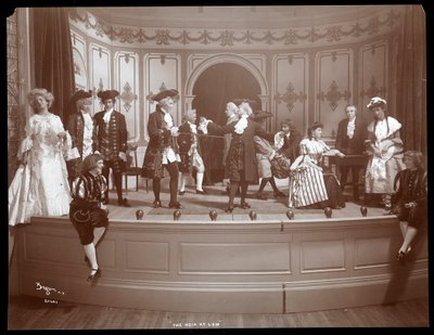 Scéna z amatérské inscenace hry s názvem The Heir at Law představené na Barnard College v New Yorku (stříbrný želatinový tisk) od Byron Company