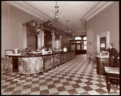 Bar v Gilsey House, Broadway a 29th Street, New York, 1900 nebo 1901 (potisk stříbrné želatiny) od Byron Company