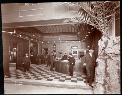 Vstupní hala a registrační přepážka v hotelu Victoria, 1900 nebo 1901 (stříbrný želatinový tisk) od Byron Company