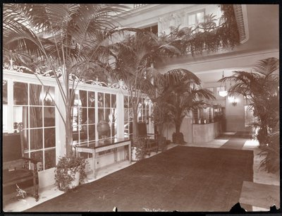 Vstupní hala a registrační přepážka v hotelu Ritz-Carlton, kolem 1910-11 (stříbrný želatinový tisk) od Byron Company