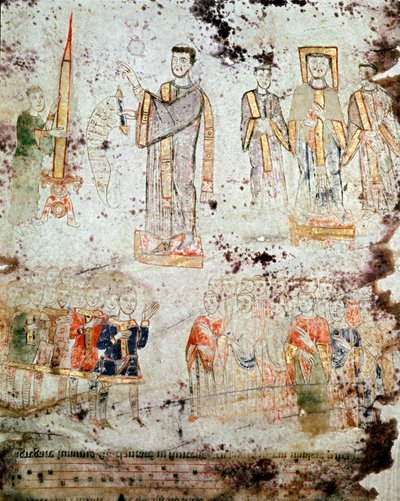 Byzantské umění: „“ Obřad požehnání velikonoční svíce za přítomnosti eveque, členů duchovenstva a pánů (patricia) města Gaete (Gaeta) v Itálii““ Miniatura z „Exultet“ z počátek 11. století Museo od Byzantine