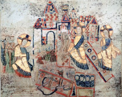 Byzantské umění: „“ Reprezentace Krista Spasitele kácí brány podsvětí, drtí Satana a osvobozující duše“““ Miniatura z „Exultet““ z počátku 11. století Museo Diocesano, Gaeta od Byzantine