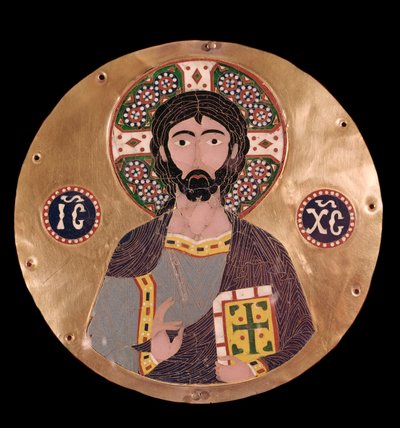 Byzantské umění: „“ christ pantocrator““ (Kristus ve slávě) Aureola Ježíše Krista je označena křížem a lze na ní číst christogram ICXC – Smalt 10. století Madrid, Museo Lazaro Galdiano – byzantské umění: Kristus Pantokrator (Kristus v Glory od Byzantine