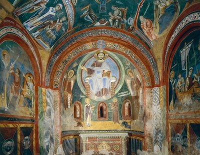 Kaple svatého Eldrada a svatého Mikuláše s románskými freskami v byzantském stylu, konec 11. století, opatství Novalesa, Piemont, Itálie od Byzantine