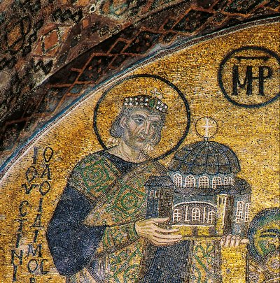 Císař Justinián představuje Hagia Sophia Panně a Dítěti (mozaika) od Byzantine