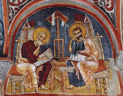 Evangelisté Lukáš a Matouš píšící evangelia, Karanlik Kilise (Temný kostel) (12.-13. století), Goreme (Seznam světového dědictví UNESCO od Byzantine
