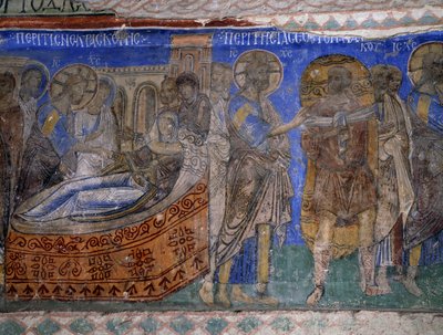 Uzdravení tchyně a ochrnutého muže Simona Petera, byzantská freska (12. století), Tokali Kilise (kostel spony) (12.–13. století), Goreme (seznam světového dědictví UNESCO od Byzantine