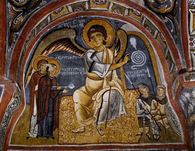 Svaté ženy u hrobu a zjevení Anděla, byzantská freska (12. století), Karanlik Kilise (Temný kostel) (12.–13. století), Goreme (Seznam světového dědictví UNESCO od Byzantine
