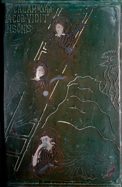 Jákob ve snu vidí anděly vystupovat a sestupovat po bronzové dlaždici vyrobené v Konstantinopoli v roce 1076. Monte Sant 