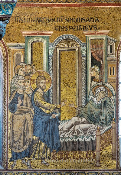 Ježíš uzdravující Simonovu tchyni z horečky, byzantská mozaika, epizody z Kristova života, XII-XIII století (mozaika) od Byzantine