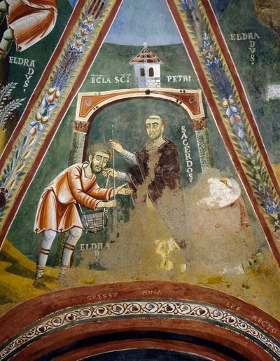 Saint Eldrad odjíždí do Santiaga de Compostela, Detail z Příběhů svatého Eldrada, románská freska, byzantský styl, konec 11. století, kaple svatého Eldrada a svatého Mikuláše, opatství Novalesa, Piemont, Itálie od Byzantine