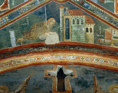 Saint Eldrad se vrací ze Santiaga de Compostela, detail z Příběhů života svatého Eldrada, románská freska, byzantský styl, konec 11. století, kaple svatého Eldrada a svatého Mikuláše, opatství Novalesa, Piemont, Itálie. od Byzantine