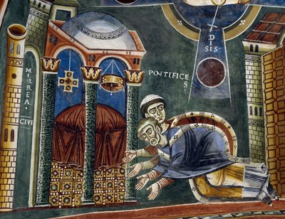 Svatý Mikuláš Zasvěcený biskup z Myry, Detail z příběhů svatého Mikuláše, románská freska, byzantský styl, konec 11. století, kaple svatého Eldrada a svatého Mikuláše, opatství Novalesa, Piemont, Itálie. od Byzantine