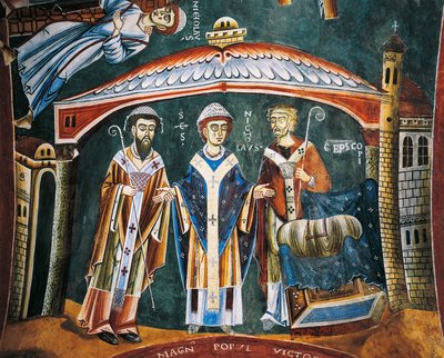 Svatý Mikuláš Zasvěcený biskup z Myry, Detail z příběhů svatého Mikuláše, románská freska, byzantský styl, konec 11. století, kaple svatého Eldrada a svatého Mikuláše, opatství Novalesa, Piemont, Itálie. od Byzantine