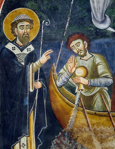 Svatý Mikuláš zachraňující poutníky před ztroskotáním, Detail z příběhů svatého Mikuláše, románská freska, byzantský styl, konec 11. století, kaple svatého Eldrada a svatého Mikuláše, opatství Novalesa, Piemont, Itálie. od Byzantine