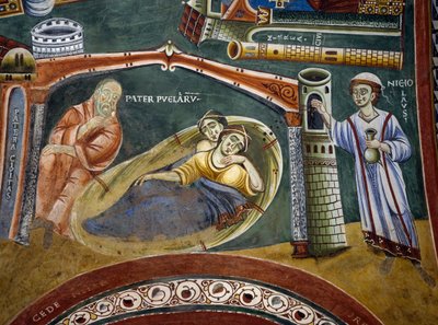 Svatý Mikuláš zachraňující bohatého kupce upadl do chudoby a platí věno svých dcer, Detail z Příběhů svatého Mikuláše, románská freska, byzantský styl, konec 11. století, kaple svatého Eldrada a svatého Mikuláše, opatství Novalesa, Piemont, Itálie od Byzantine