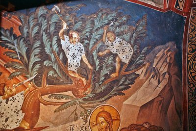 Vjezd Krista do Jeruzaléma. Detail: Děti řezající větve palmy - Peinture de Damiane (aktivní 14. století) - 14. století - Freska - Klášter sv. Jiří, Ubisi ©FineArtImages/Leemage od Byzantine
